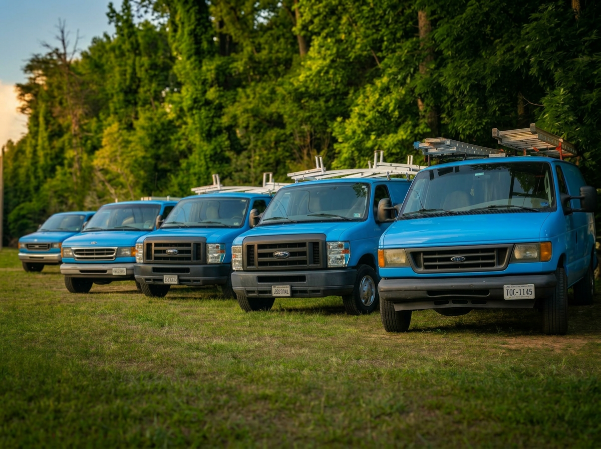 27 Contracting fleet of blue work vans lined up in Central Virginia